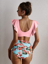 Bikini-Sets mit V-Ausschnitt, Volants und hoher Taille und Blumenmuster